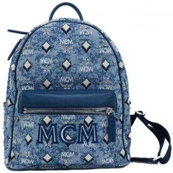 MCM Stark Blue Vintage Jacquard Monogram Logo Fabric Backpack Bookbag
