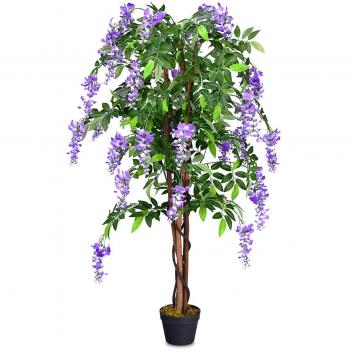 Costway Flor de árbol de glicina artificial 150 cm Planta decorativa en florero de interior violeta