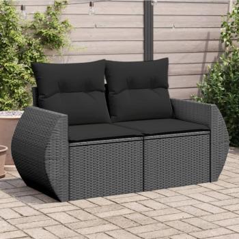 Sofá de jardín de 2 plazas en Polyrattan negro con almohadas