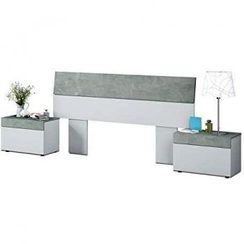 Cabezal + Mesitas, Dormitorio, Modelo Tekkan, Acabado en Blanco Artik y Gris Cemento, Medidas: 176 cm