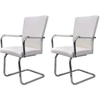 vidaXL 2x Sillas de Comedor de Tipo Voladizas con Reposabrazos Asientos de Salón Cantilever Muebles de Casa Hogar Sillón de Cuero Artificial Blanco