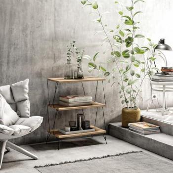 Mesa Auxiliar Bamble con Estantes de Metal Aglomerado 46x30x76cm - Efecto Madera y Patas de Horquilla