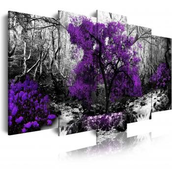 DekoArte 289 - Cuadros Modernos Impresión de Imagen Artística Digitalizada | Lienzo Decorativo para Salón o Dormitorio | Estilo Naturaleza Blanco y Negro Árboles Morados Violetas | 5 Piezas 150x80cm
