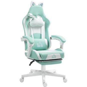 Silla Gaming Homcom Reclinable con Orejas, Altura Ajustable, Reposapiés Retráctil, Soporte Lumbar y Reposacabezas Desmontable - Azul Claro
