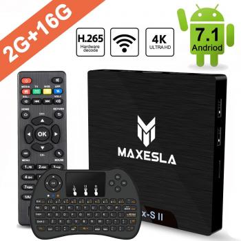 Smart TV BOX Android 7.1 - Maxesla MAX-S II Mini TV Box de 2GB RAM + 16GB ROM, 2018 Última CPU Amlogic S905W, WIFI 2.4GHz, Doble USB, H.265, HDMI & AV, 4K UHD Media Player con Mini Teclado Inalámbrico