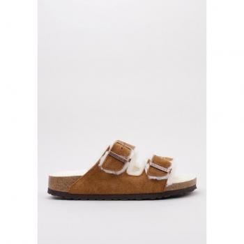 Birkenstock Arizona Vl Shearling Mink 44 Camel Sandalia con doble correa, plantilla de corcho y látex, forro de piel de oveja, suela EVA ligera