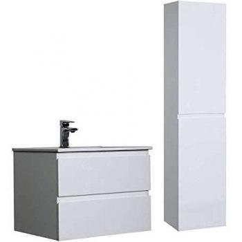 Conjunto de baño Sorrento - Mueble bajo lavabo 60cm con columna y estantes - Blanco