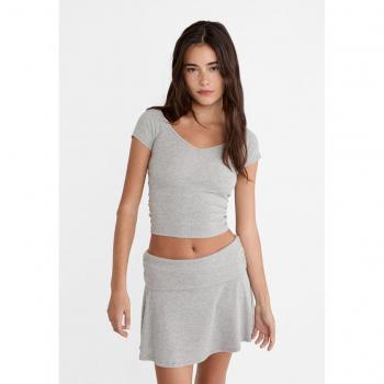 Stradivarius Ribbed V-Neck T-Shirt Grey Melange Size M