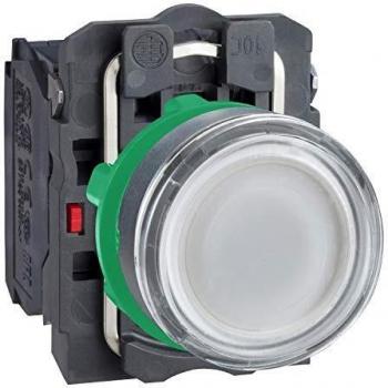 Pulsador Luminoso Schneider Electric Harmony XB5, color de botón Blanco, tipo SPDT, montaje en panel, clasificación IP66/IP67/IP69K, 1NA+1NC, tensión de 24V, dimensiones 22