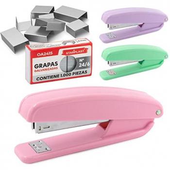 Grapadora Grande Pastel con 1000 Grapas Starplast, tamaño 15 x 3,5 cm, incluye caja pastel de 1000 grapas galvanizadas en colores rosa, lila y turquesa, ideal para vuelta