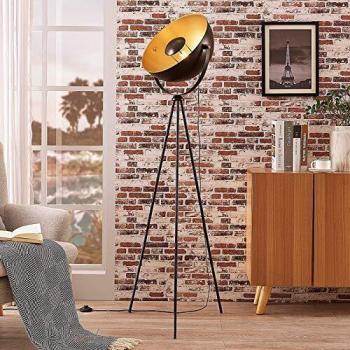 Lámpara de pie trípode moderna Meline en negro y dorado, metal E27 para salón y comedor