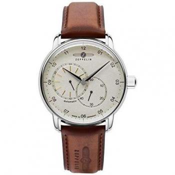 Zeppelin New Captain's Line 8662 Men's Watch with Leather Strap Automatic 24 Hour Display, 8662-1 - Silver / Brown, Strap.