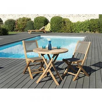 Conjunto de jardín MACABANE - Mesa redonda plegable de 80 cm y 2 sillas de textileno taupe para 2 personas, fabricado en madera de teca