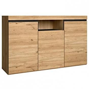 Aparador Nórdico Skraut Home, Color Roble/Negro, 3 Puertas, 1 Hueco, Dimensiones 81x140x40 cm, Opciones Sin Patas o Con Patas