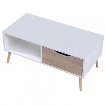 Mesa baja de estilo escandinavo blanca con cajón Freja de Happy Garden, mesa de centro rectangular de madera con almacenaje y patas de madera