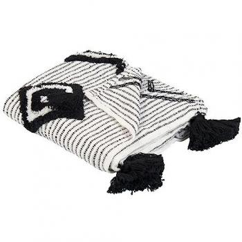 Manta Decorativa Hecha a Mano en Poliéster PET Blanco y Negro con Borlas 130 x 150 cm