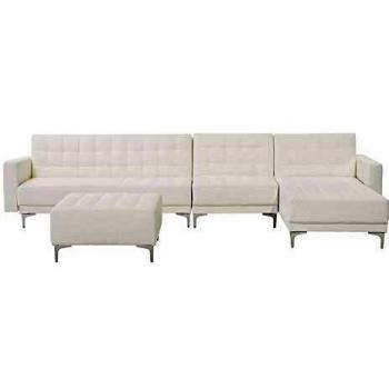 Sofá Esquinero Cama Modular L Blanco Piel Sintética 5 Plazas con Otomana Chaise Longue Izquierda