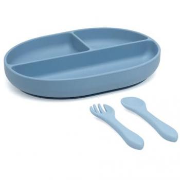 Set de Vajilla y Cubiertos de Silicona BLW con Ventosa y Compartimentos Azul - Kiokids +6m