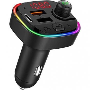 Transmisor FM Bluetooth, [Luz de Anillo 7 Colores] Manos Libres Bluetooth para Coche QC3.0 y Tipo C Carga rápida Rall, Reproductor MP3 Coche Mechero, Doble USB Inteligente 5V/1A, USB + U Disk