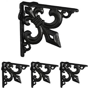 Escuadras de Estantería Retro en Hierro Fundido, 6 Soportes Envejecidos con Diseño Flor de Lis, Color Negro