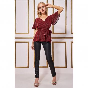 Goddiva Lurex Flutter Sleeve Wrap Top - Wine, Size 12 UK