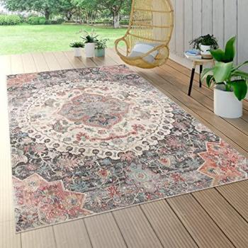Alfombra Exterior Balcón Vintage Oriental Moderna, Alfombra Pelo Corto Balcón Terraza, Exterior Interior, Estampado Oriental Gris 80x150 cm - Paco Home, Alfombra Pelo Corto Balcón Terraza,