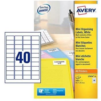 Etiquetas Mini Autoadhesivas Avery L7654-25, 45.7 x 25.4 mm, 40 Etiquetas por Hoja A4, Pack de 1000 Etiquetas