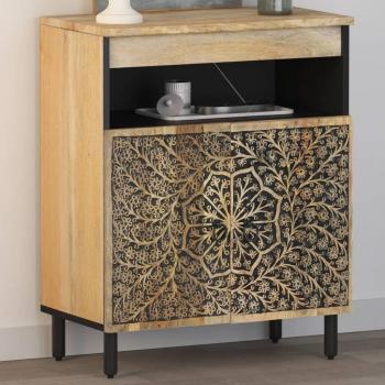 Armario auxiliar de madera maciza de mango 60x33x75 cm, mueble de almacenaje moderno con puertas y cajón, color marrón