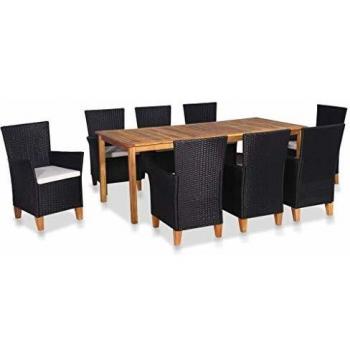 9-Piece Black and Brown Poly Rattan Outdoor Dining Set