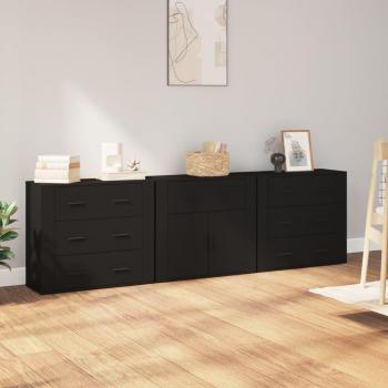 Aparador de 3 piezas de madera contrachapada negro, mueble de almacenaje para salón, buffet y armario auxiliar