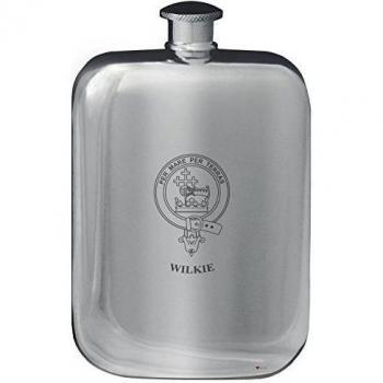 Wilkie Family Crest Design Pocket Hip Flask 6oz Rounded Polished Pewter