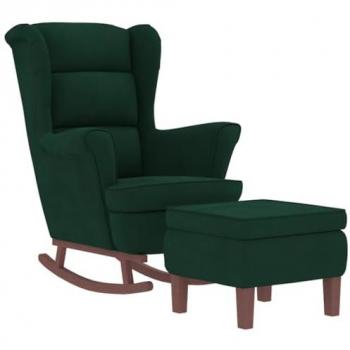 Sillón Mecedora Patas Madera y Taburete Terciopelo Verde Oscuro
