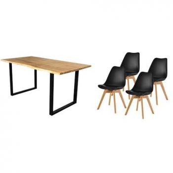 Pack Mesa de Comedor o Cocina Madera Maciza 200cm + 4 Sillas Nórdicas Negras