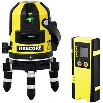 Firecore Nivel laser multilínea autonivelante verde, laser automático 4 lineas verticales cruzadas y una horizontal y punto de plomada,hasta 50m con detector láser,con base de 360° rotación