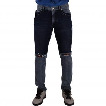 Dolce & Gabbana Blue Two Tone Tattered Cotton Slim Denim Jeans - IT48 | M