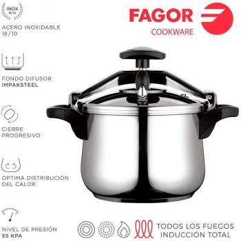 Fagor Clásica Bombe Olla a Presión 6 Litros Inducción Express Acero Inoxidable 18/10 Todo Tipo Cocinas Fondo Termo Difusor 3 Sistemas Seguridad Ø23