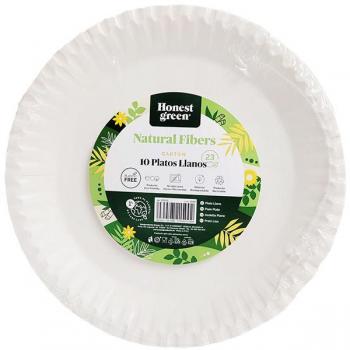 Plato desechable llano redondo compostable 23 cm Honest Green 10 ud x25 packs. Total 250 ud.