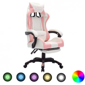 vidaXL Silla gaming con luces LED RGB cuero sintético rosa y blanco