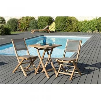 Conjunto de jardín de teca: mesa cuadrada plegable de 60 cm y 2 sillas de textileno color taupe para 2 personas