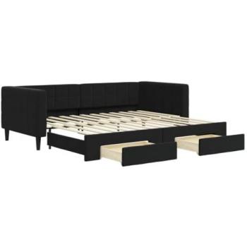 Sofá cama nido extraíble con cajones en terciopelo negro 90x200 cm
