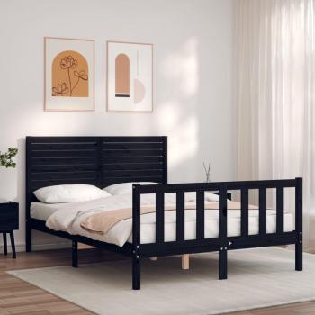 Estructura de cama de matrimonio con cabecero de madera maciza en color negro - vidaXL