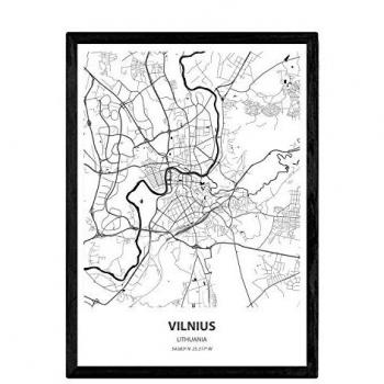 Póster A4 con Mapa de Vilnius, Lituania - Lámina en Color Negro de Ciudades Europeas con Mares y Ríos (Sin Marco)