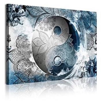 Cuadro Moderno Lienzo Decorativo Ying Yang Abstracto Zen Plata Azul 120x80cm