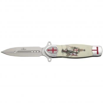 Navaja semi automática templaria, hoja de acero inoxidable de 9 cm. Mango decorado