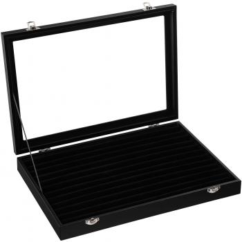 SONGMICS Bandeja para anillos, Cajón de Joyería con Tapa en Negro, con Terciopelo y Cristal, cajón para 100 anillos, Vitrina para anillos, con Imitación de Cuero, JDS301