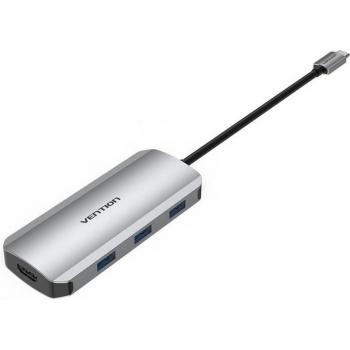 Vention TOJHB USB-C Docking Station, 7-in-1 with HDMI, 3x USB Ports, USB-C Power Delivery, Card Reader - Grey