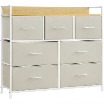 Cómoda Moderna con 7 Cajones de Tela Blanco Crema y Beige Roble, Marco de Metal, Ideal para Almacenamiento Versátil