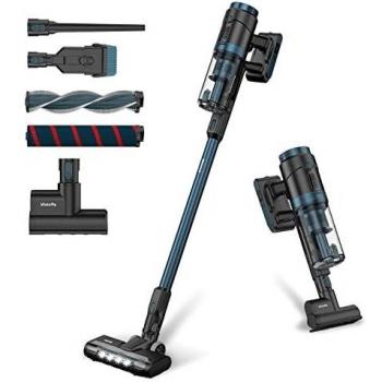 Vistefly V12 Aspiradora Escoba sin Cable,420W/25000pa Escoba Eléctrica Portátil con LED, Autonomía 60 min,Pantalla LED,3 Niveles Ajustables, 5 Cepillos/Alfombra/Cortina/Pelo de Mascotas