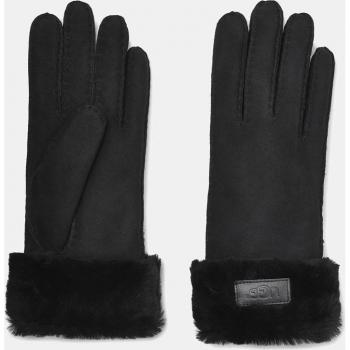 UGG Classic Black Leather Gloves with Fur Detail for Women - Size L