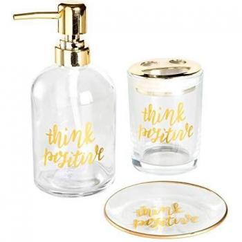 MONTEMAGGI Juego de baño de 3 piezas de cristal transparente con letras doradas y detalles de metal dorado